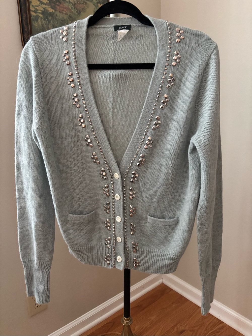 J. Crew Wool Alpaca Blend Embellished Cardigan in Sage/Pale Grey  Size Large